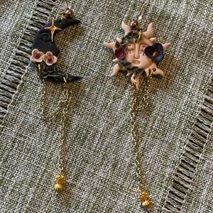 Witchy Floral Sun and Moon Dangle Earrings